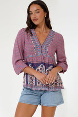 Sammi Top - V-Neck Pull Over with Long Sleeves in Leyton Print