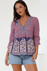 Sammi Top - V-Neck Pull Over with Long Sleeves in Leyton Print