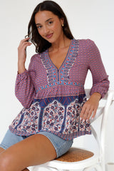 Sammi Top - V-Neck Pull Over with Long Sleeves in Leyton Print