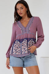 Sammi Top - V-Neck Pull Over with Long Sleeves in Leyton Print
