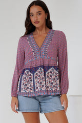 Sammi Top - V-Neck Pull Over with Long Sleeves in Leyton Print