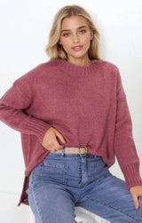 Sammy Jumper - Crew Neck Ribbed Shark Bite Hemline Jumper in Cherry