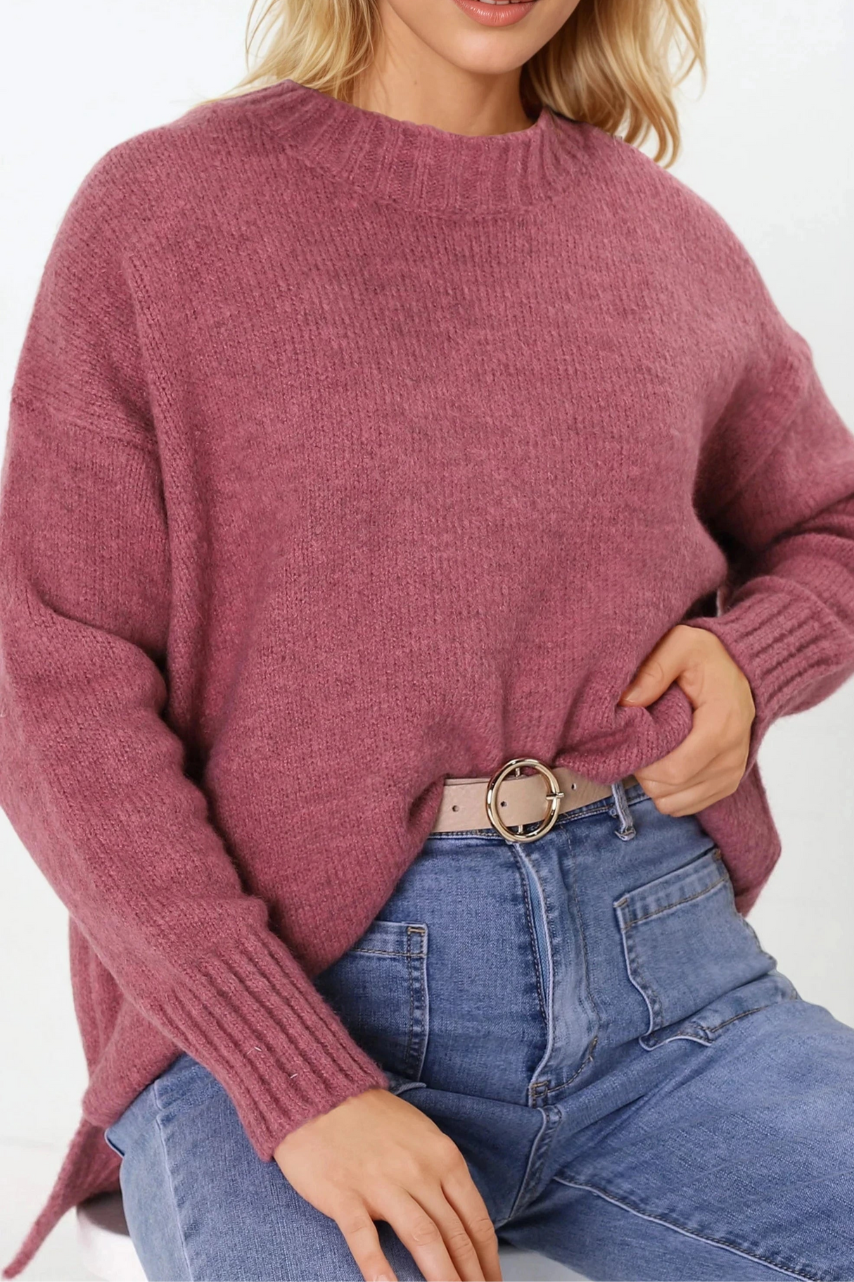 Sammy Jumper - Crew Neck Ribbed Shark Bite Hemline Jumper in Cherry