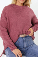 Sammy Jumper - Crew Neck Ribbed Shark Bite Hemline Jumper in Cherry