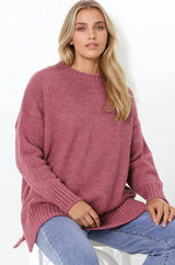 Sammy Jumper - Crew Neck Ribbed Shark Bite Hemline Jumper in Cherry