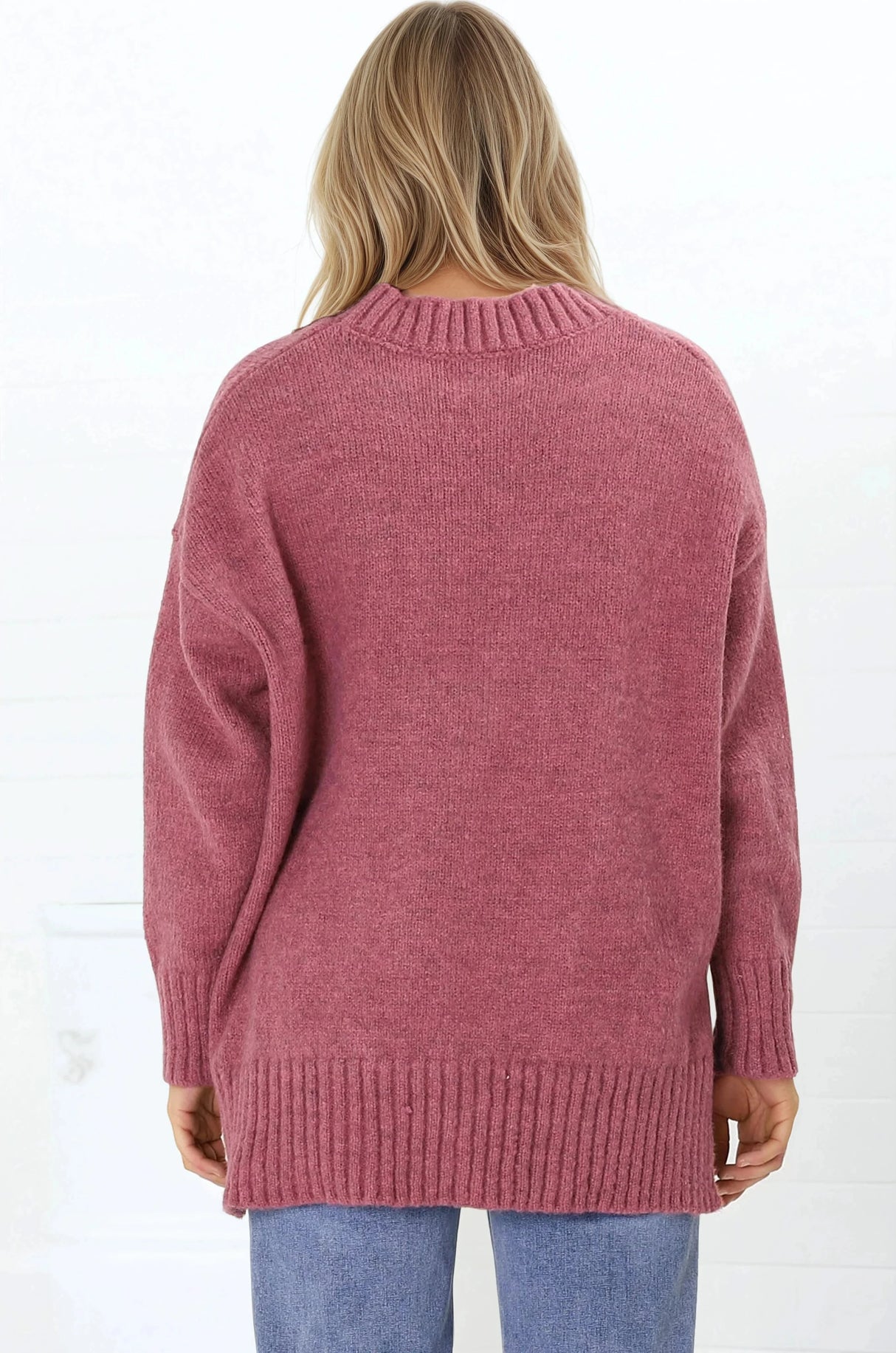 Sammy Jumper - Crew Neck Ribbed Shark Bite Hemline Jumper in Cherry