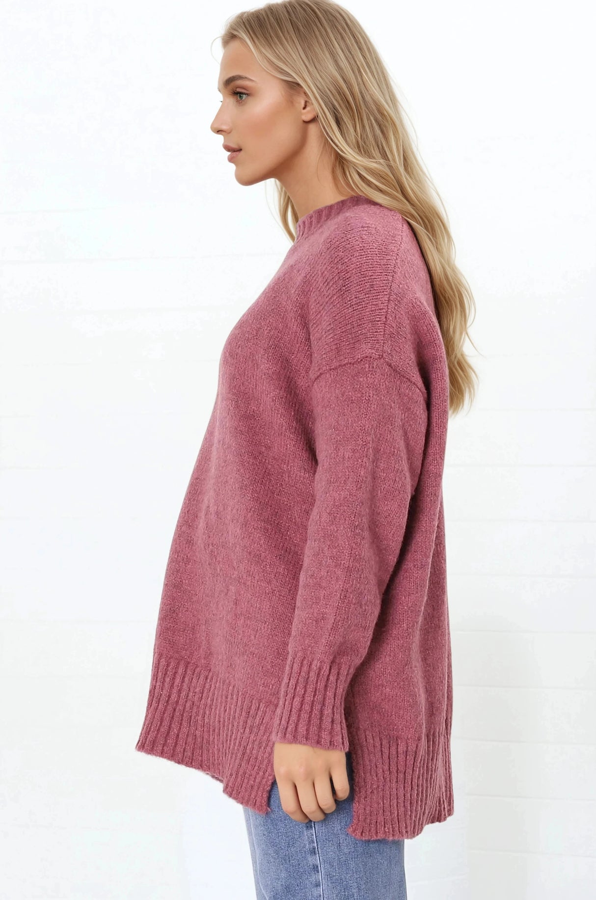 Sammy Jumper - Crew Neck Ribbed Shark Bite Hemline Jumper in Cherry