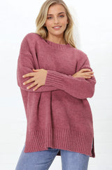 Sammy Jumper - Crew Neck Ribbed Shark Bite Hemline Jumper in Cherry