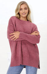 Sammy Jumper - Crew Neck Ribbed Shark Bite Hemline Jumper in Cherry
