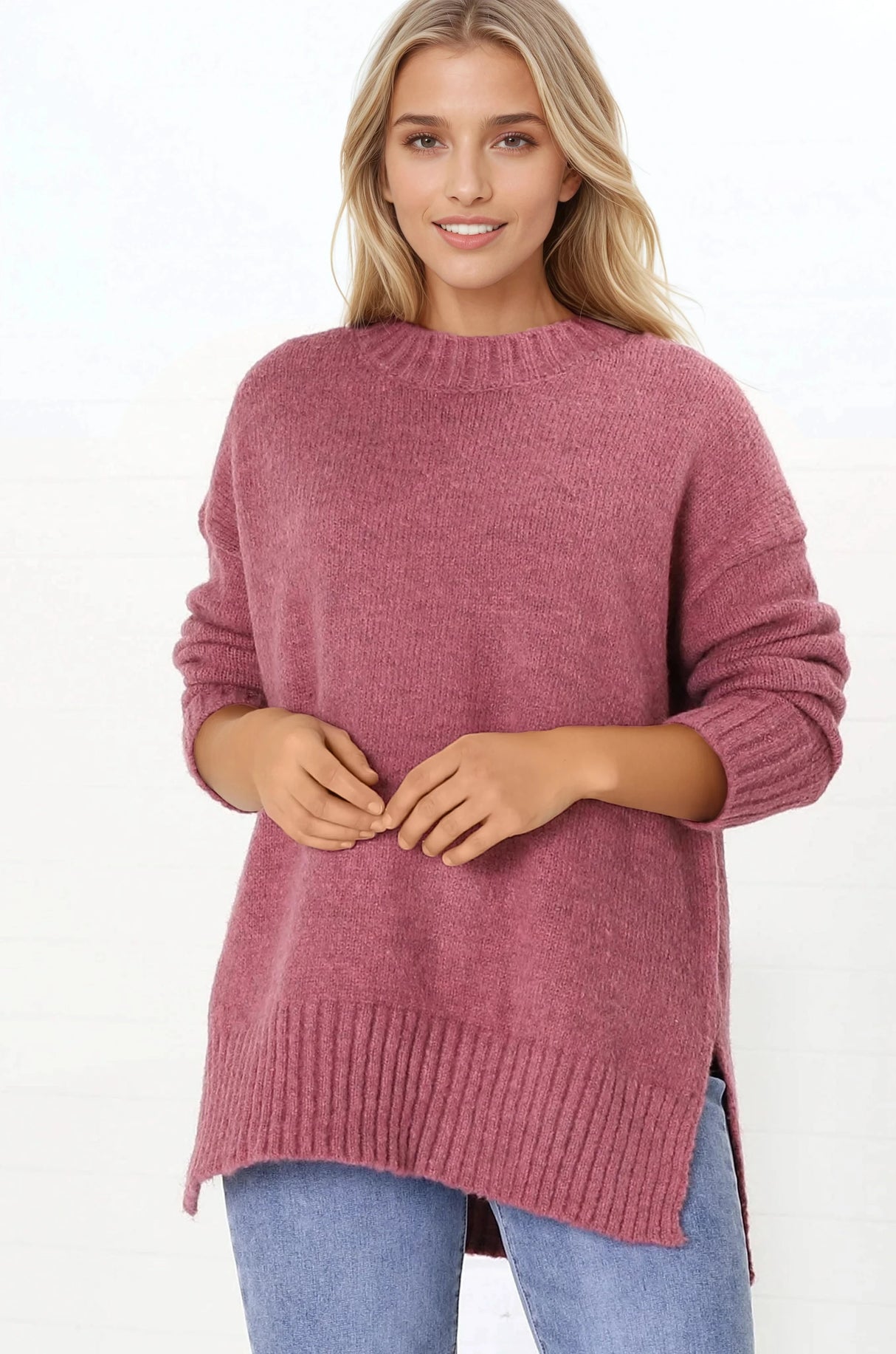 Sammy Jumper - Crew Neck Ribbed Shark Bite Hemline Jumper in Cherry