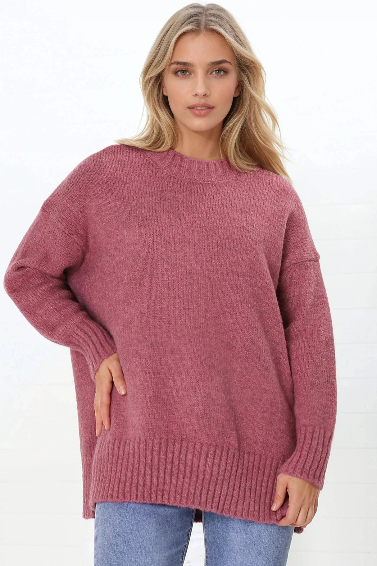 Sammy Jumper - Crew Neck Ribbed Shark Bite Hemline Jumper in Cherry