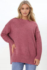 Sammy Jumper - Crew Neck Ribbed Shark Bite Hemline Jumper in Cherry