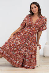 Sammy Midi Dress - V-Neck Buttoned Down with Bell Sleeves in Anissa Print Rust