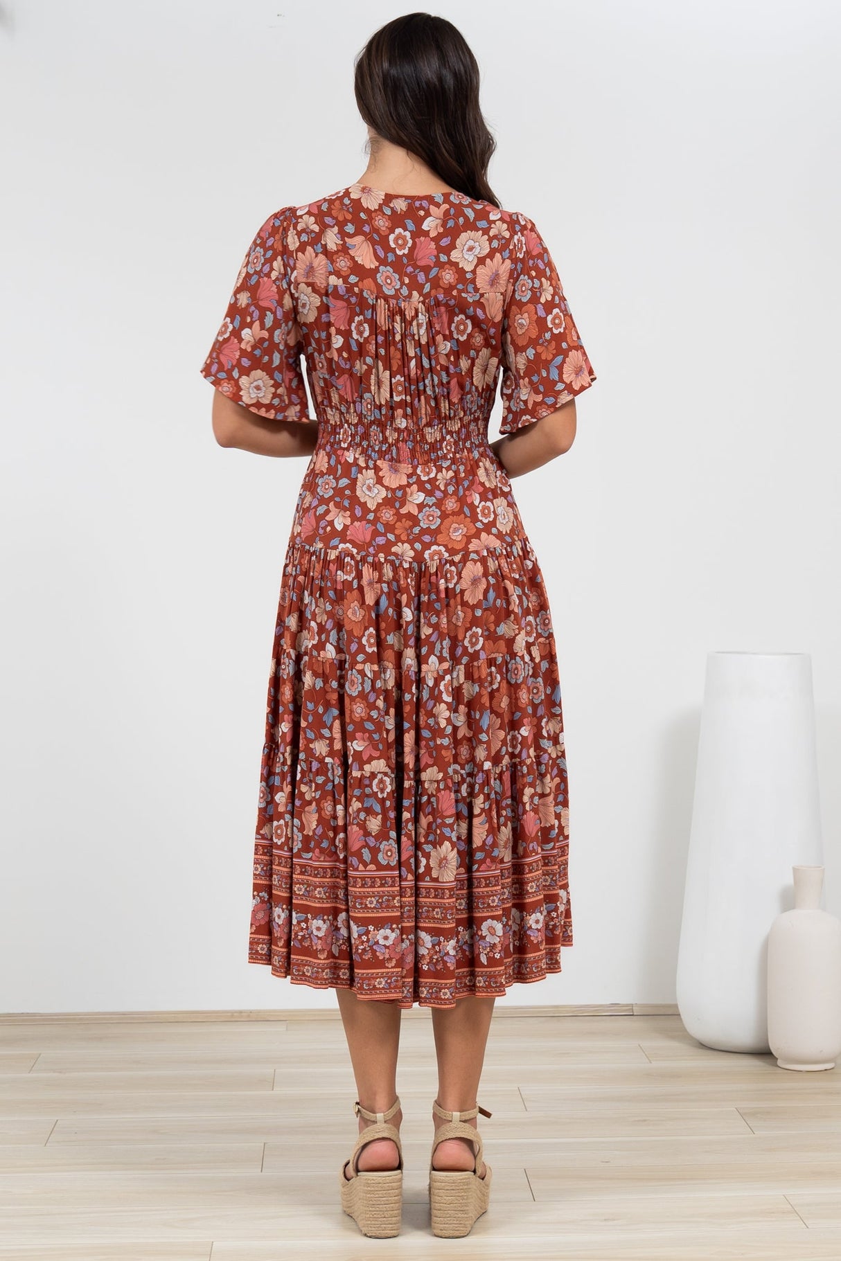 Sammy Midi Dress - V-Neck Buttoned Down with Bell Sleeves in Anissa Print Rust