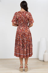 Sammy Midi Dress - V-Neck Buttoned Down with Bell Sleeves in Anissa Print Rust