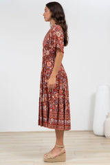Sammy Midi Dress - V-Neck Buttoned Down with Bell Sleeves in Anissa Print Rust