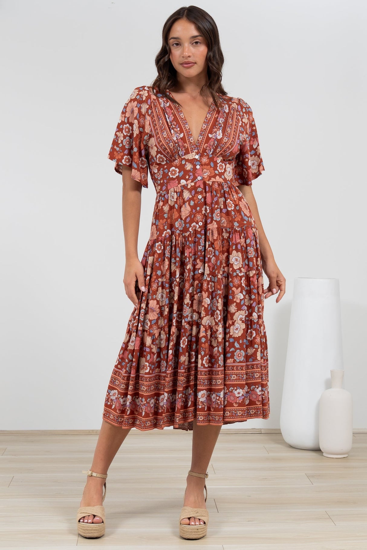 Sammy Midi Dress - V-Neck Buttoned Down with Bell Sleeves in Anissa Print Rust