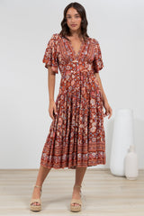 Sammy Midi Dress - V-Neck Buttoned Down with Bell Sleeves in Anissa Print Rust