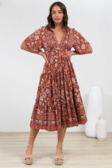 Sammy Midi Dress - V-Neck Buttoned Down with Bell Sleeves in Anissa Print Rust