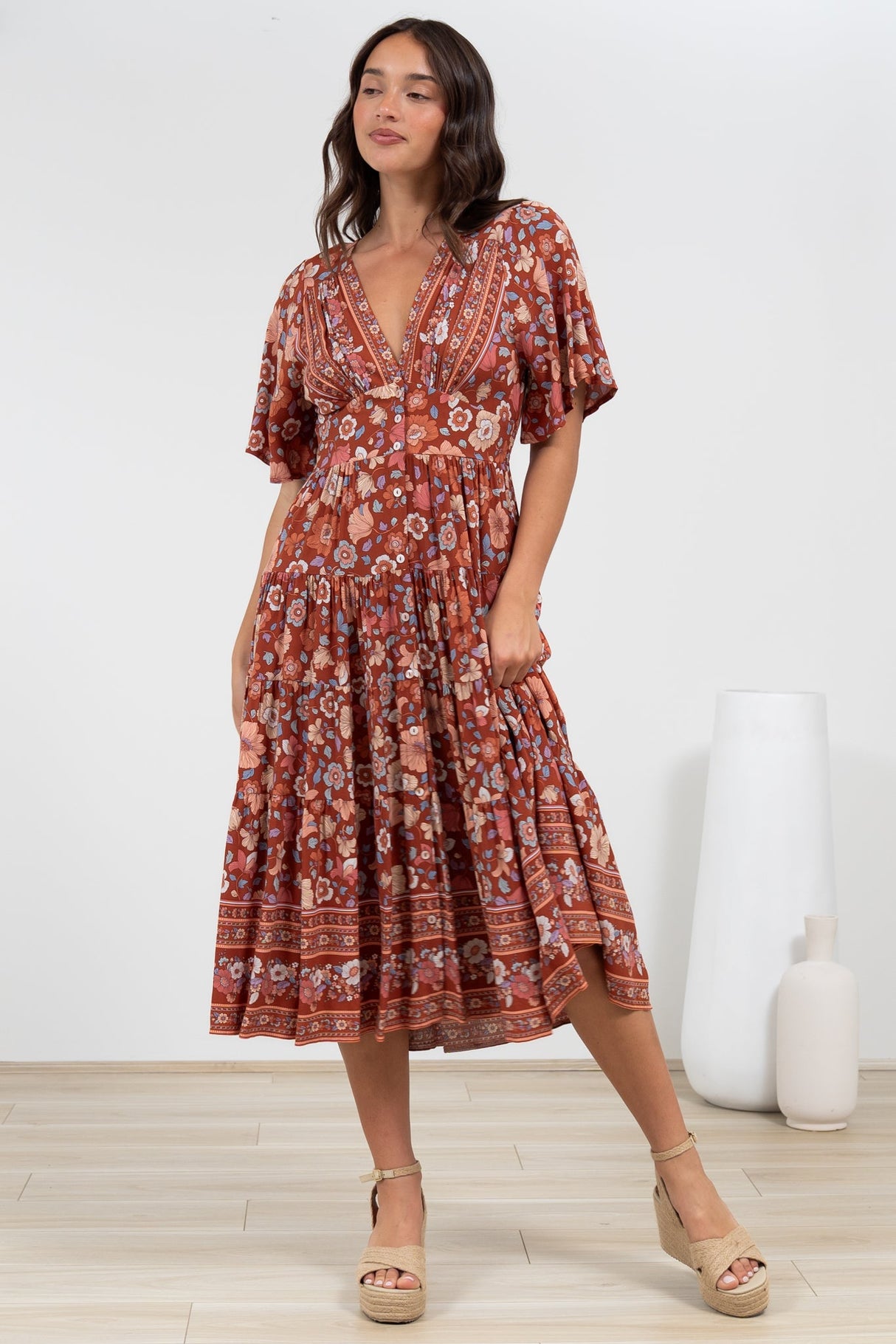 Sammy Midi Dress - V-Neck Buttoned Down with Bell Sleeves in Anissa Print Rust