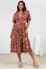 Sammy Midi Dress - V-Neck Buttoned Down with Bell Sleeves in Anissa Print Rust