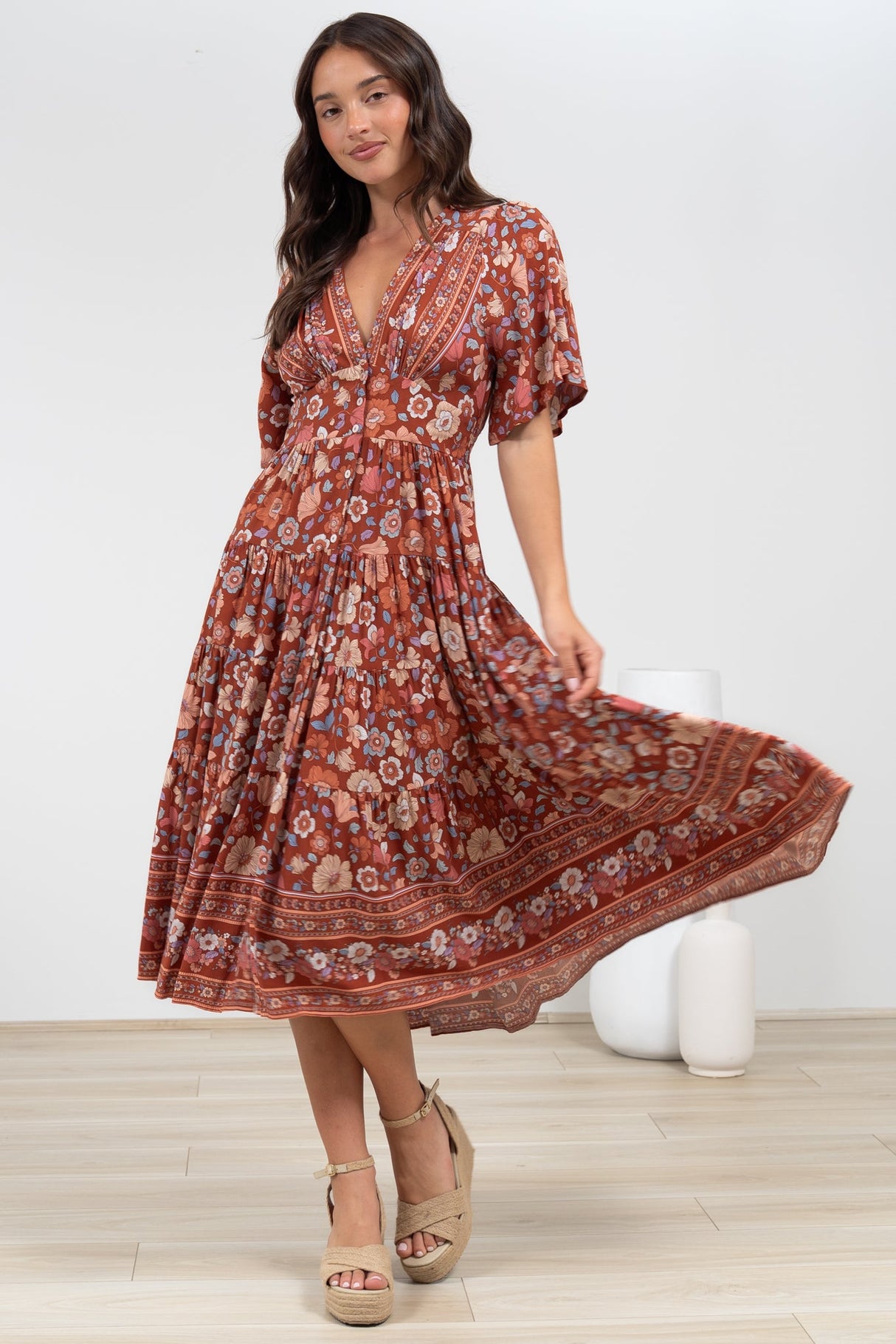 Sammy Midi Dress - V-Neck Buttoned Down with Bell Sleeves in Anissa Print Rust