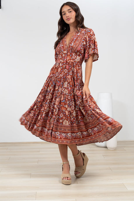 Sammy Midi Dress - V-Neck Buttoned Down with Bell Sleeves in Anissa Print Rust