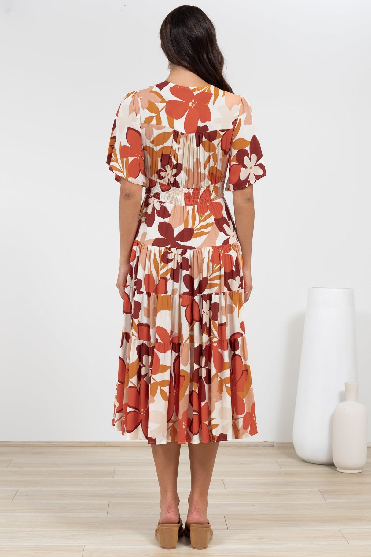 Sammy Midi Dress - V-Neck Buttoned Down with Bell Sleeves in Tangie Print