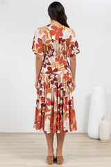 Sammy Midi Dress - V-Neck Buttoned Down with Bell Sleeves in Tangie Print