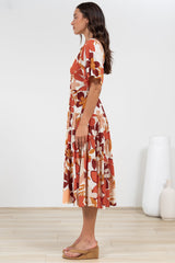 Sammy Midi Dress - V-Neck Buttoned Down with Bell Sleeves in Tangie Print