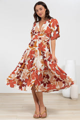 Sammy Midi Dress - V-Neck Buttoned Down with Bell Sleeves in Tangie Print