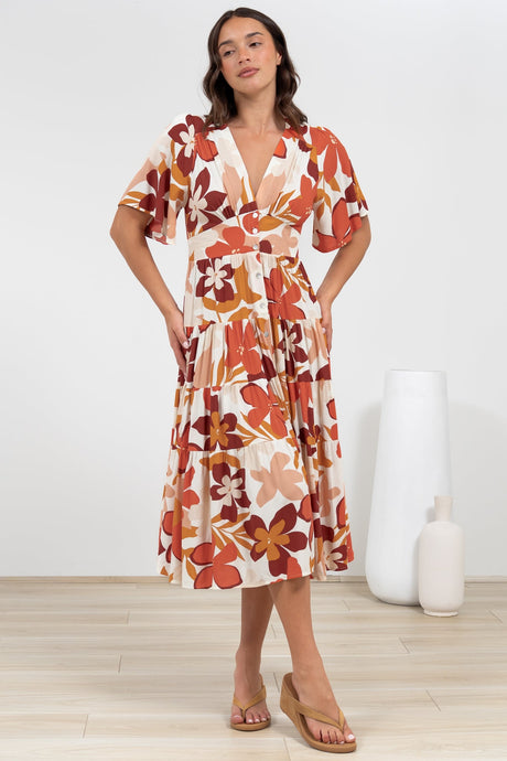 Sammy Midi Dress - V-Neck Buttoned Down with Bell Sleeves in Tangie Print