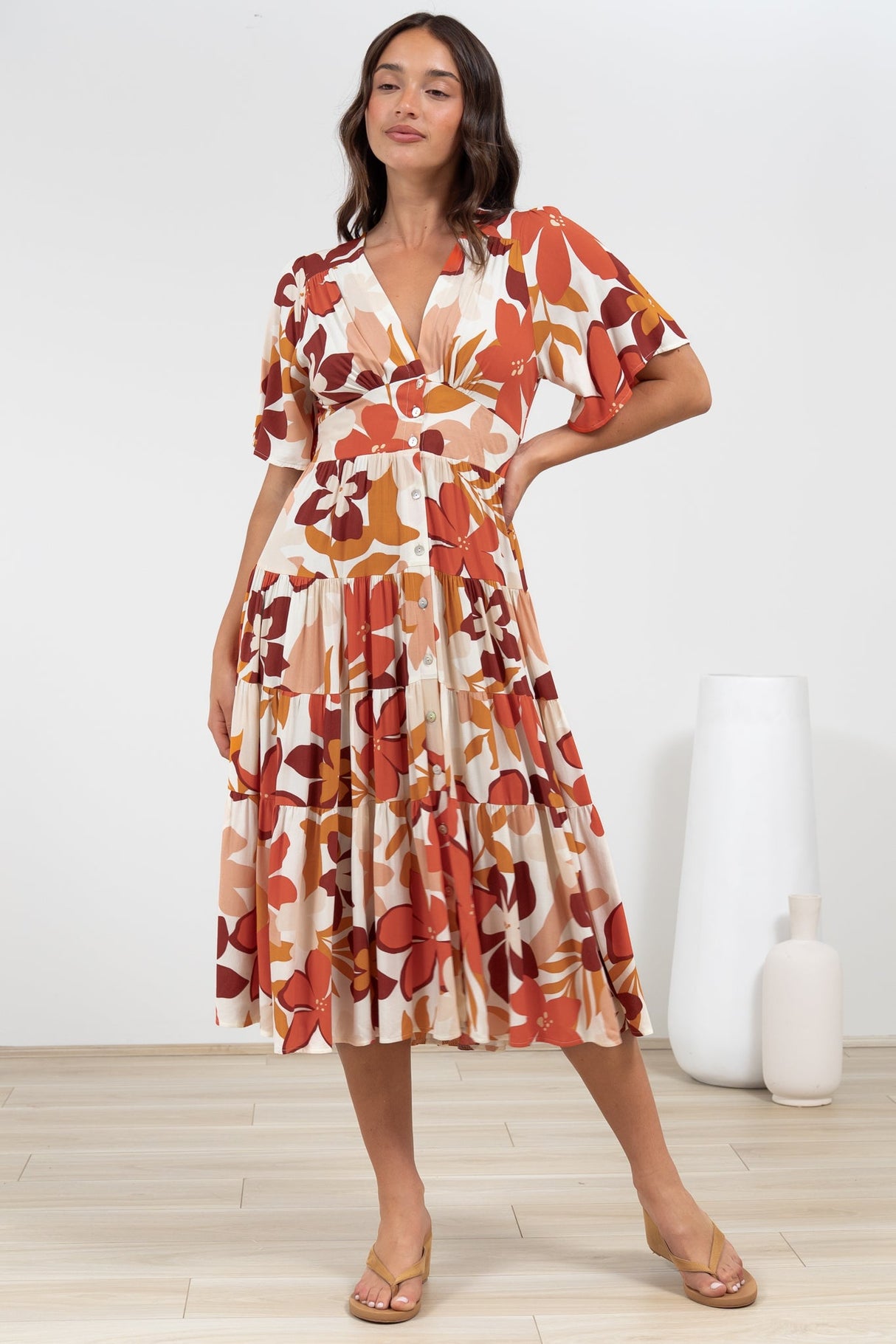 Sammy Midi Dress - V-Neck Buttoned Down with Bell Sleeves in Tangie Print