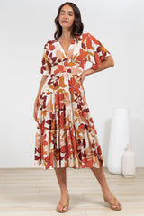 Sammy Midi Dress - V-Neck Buttoned Down with Bell Sleeves in Tangie Print