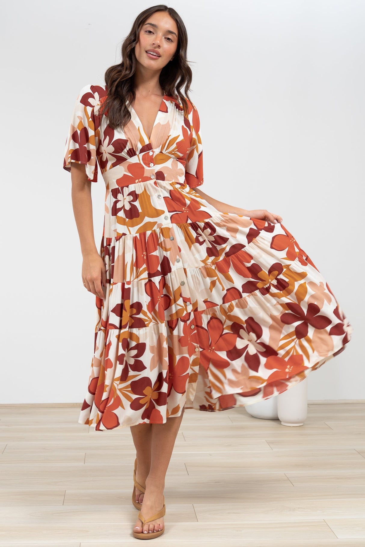 Sammy Midi Dress - V-Neck Buttoned Down with Bell Sleeves in Tangie Print