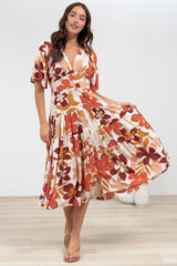 Sammy Midi Dress - V-Neck Buttoned Down with Bell Sleeves in Tangie Print
