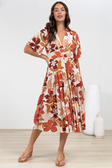Sammy Midi Dress - V-Neck Buttoned Down with Bell Sleeves in Tangie Print