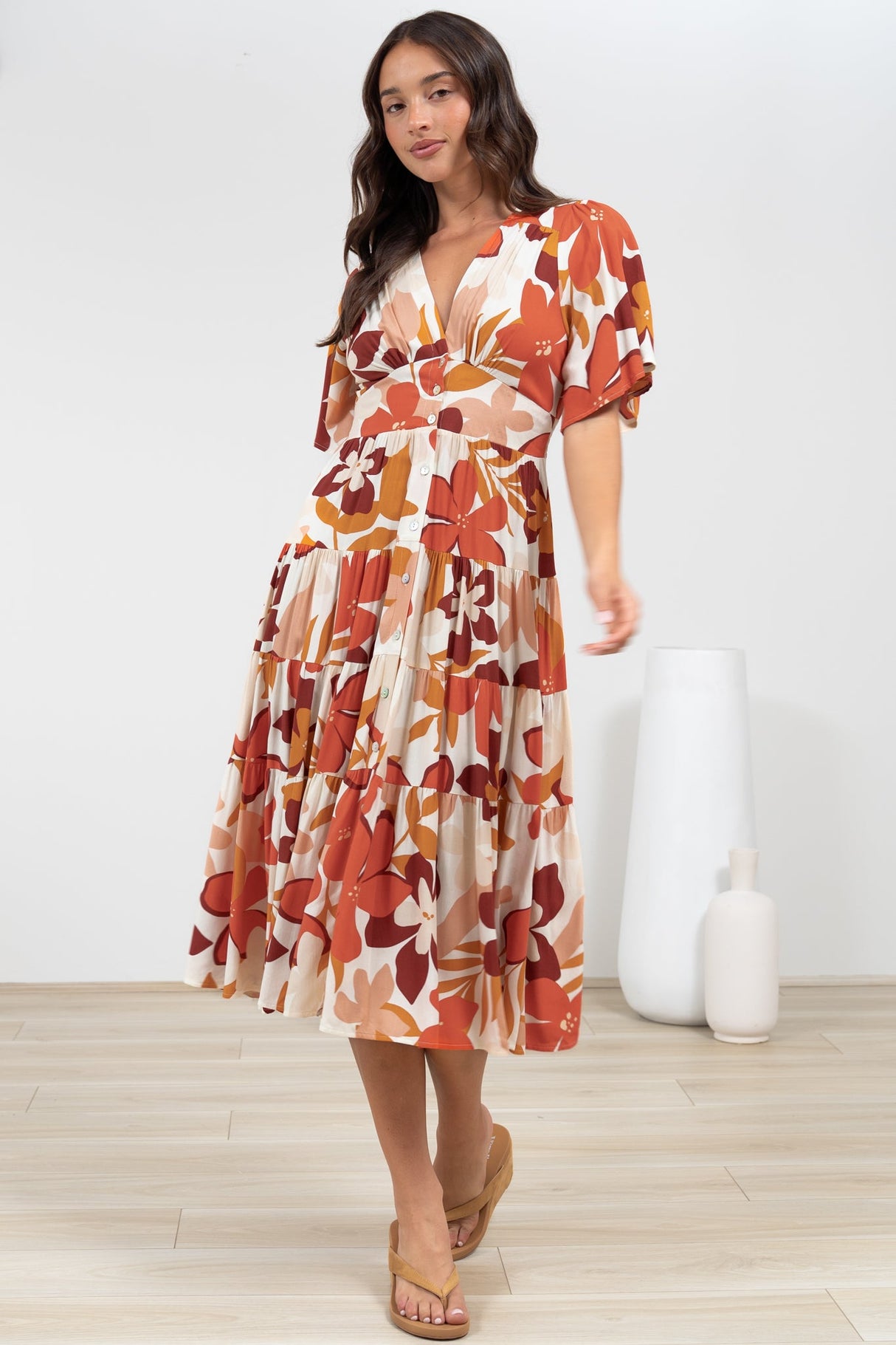 Sammy Midi Dress - V-Neck Buttoned Down with Bell Sleeves in Tangie Print