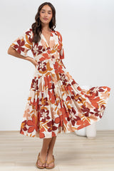 Sammy Midi Dress - V-Neck Buttoned Down with Bell Sleeves in Tangie Print