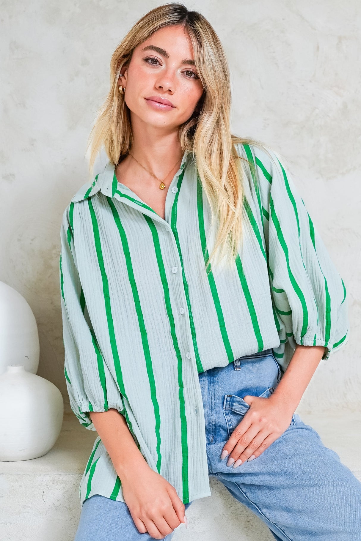 Samsara Shirt - Collared Oversized Button Down with Balloon Sleeves in Green Stripe