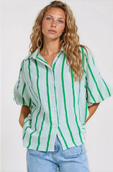Samsara Shirt - Collared Oversized Button Down with Balloon Sleeves in Green Stripe