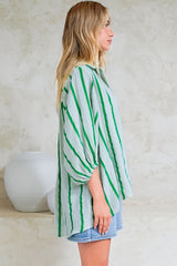 Samsara Shirt - Collared Oversized Button Down with Balloon Sleeves in Green Stripe