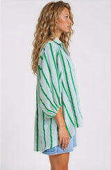 Samsara Shirt - Collared Oversized Button Down with Balloon Sleeves in Green Stripe