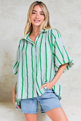 Samsara Shirt - Collared Oversized Button Down with Balloon Sleeves in Green Stripe