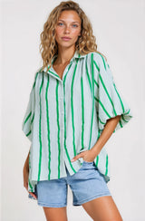 Samsara Shirt - Collared Oversized Button Down with Balloon Sleeves in Green Stripe