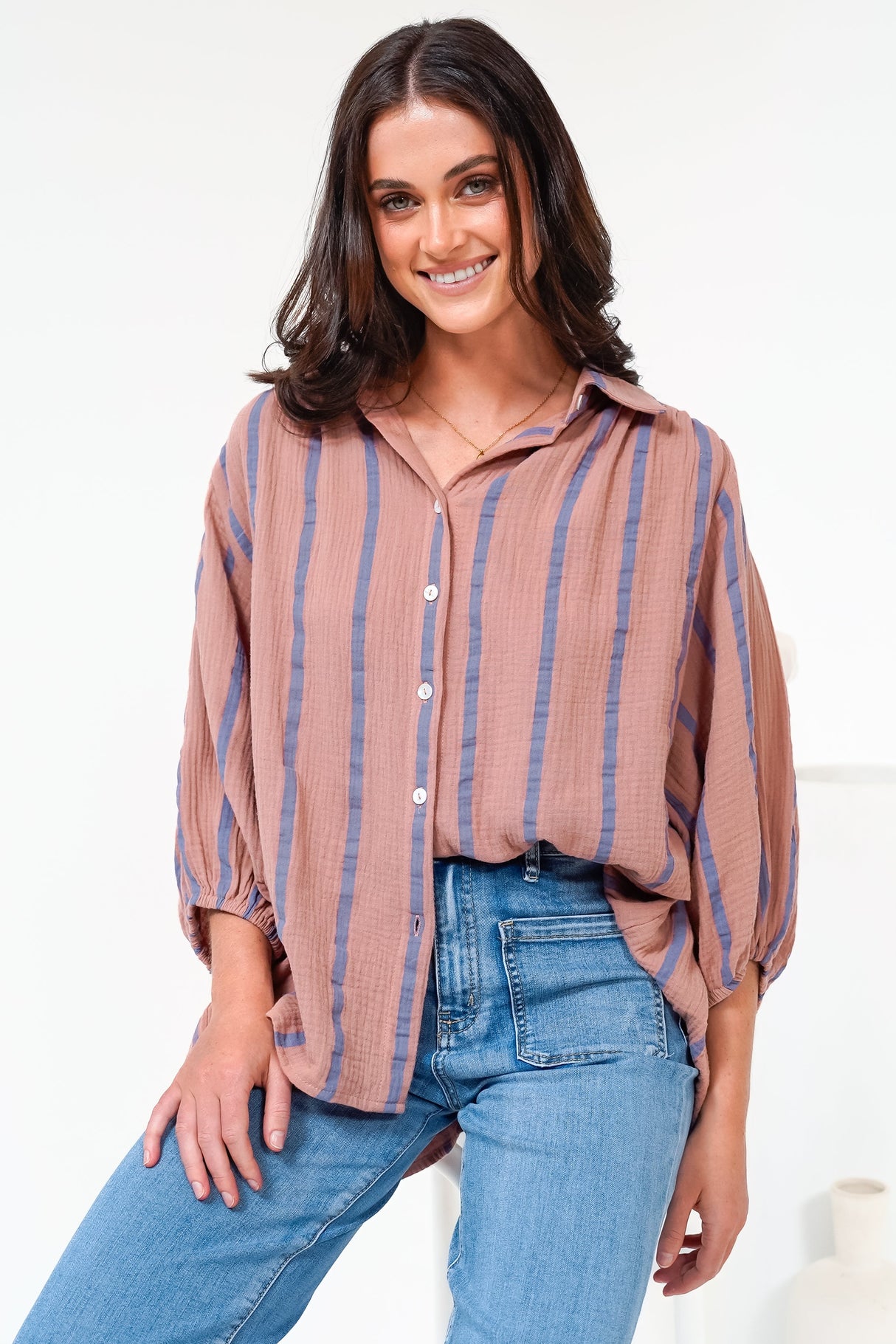 Samsara Shirt - Collared Oversized Button Down with Balloon Sleeves in Blush Stripe