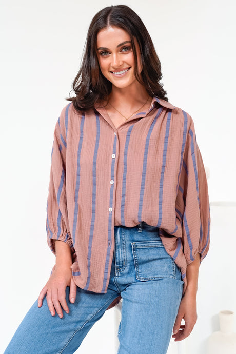 Samsara Shirt - Collared Oversized Button Down with Balloon Sleeves in Blush Stripe