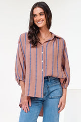 Samsara Shirt - Collared Oversized Button Down with Balloon Sleeves in Blush Stripe