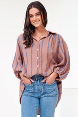 Samsara Shirt - Collared Oversized Button Down with Balloon Sleeves in Blush Stripe