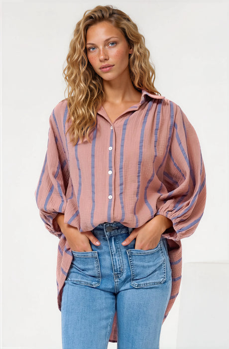 Samsara Shirt - Collared Oversized Button Down with Balloon Sleeves in Blush Stripe